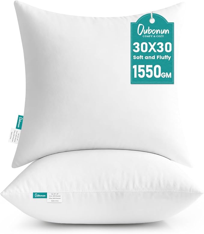 Oubonun 30 x 30 Throw Pillow Inserts - Soft, Plush & Decorative Down Alternative Pillows for Couch Sofa Bed, Machine Washable - White, Pack of 2