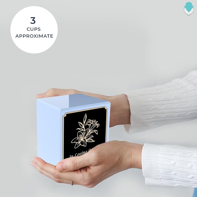 GetUrns Custom Lily Small Urn Box for Human Ashes I Personalized Wooden Keepsake Cremation Urn for Male or Female I Light Blue Memorial Box I 40lbs