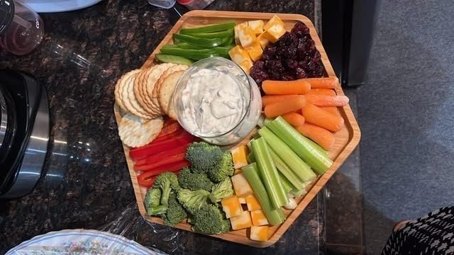 Bamboo Serving Trays Dinner Plates Cheese Board 16.5"x11.8"（42x30cm with Handle, Set Includes 1xHexagon 12.5"(32cm)+1xHexagon 9.8"(25cm)+1xSquare 5.9"(15cm) Plates for Family Dinner