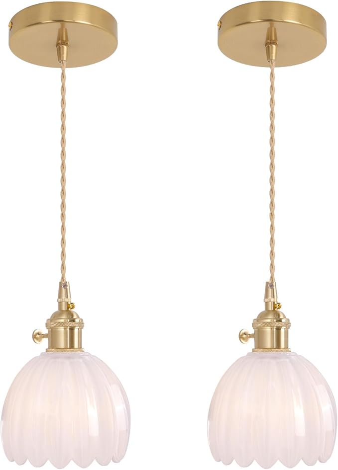 Pendant Light 2 Pack with White Tulip Glass Lmapshade, Brass Vintage Pendant Light Adjustable Hanging Light for Kitchen Island Dining Room Hallway