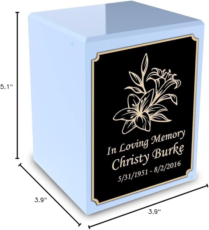 GetUrns Custom Lily Small Urn Box for Human Ashes I Personalized Wooden Keepsake Cremation Urn for Male or Female I Light Blue Memorial Box I 40lbs