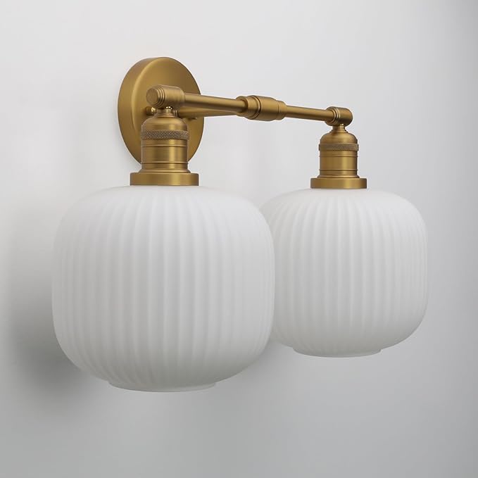 Pathson 2 Lights Milk White Globe Wall Sconce, Hardwired Antique Double Sconce for Living Room Home Decor, Striped Glass Bathroom Vanity Light, E26 Bulb Base