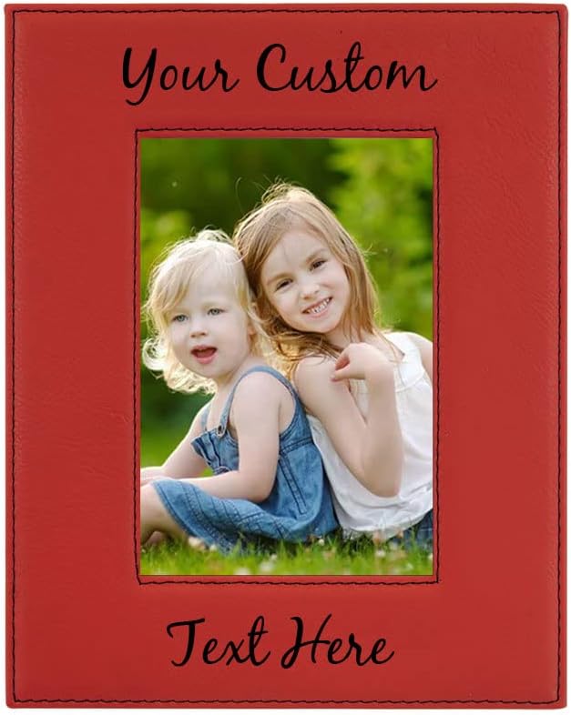 CustomGiftsNow Personalized Add Your Custom Text Engraved Leatherette Faux Leather Hanging/Tabletop Personalized Group Family Photo Picture Frame (Red, 4x6-inch Vertical)