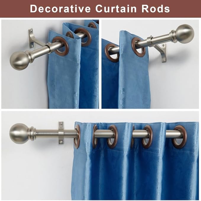 Curtain Rods 2 Pack, Brushed Nickel Curtain Rods for Window 72-144 Inch, Decorative Curtain Rod with Ball Finials, 1 Inch Diameter Heavy Duty Curtain Rod, Adjustable Single Drapery Rod Brushed Nickel