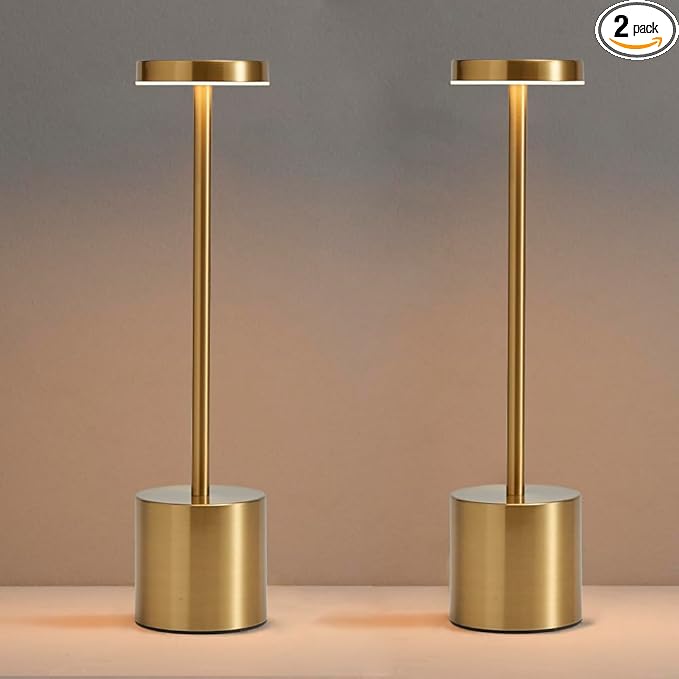 2 Pack LED Cordless Table Lamp, Portable 5000mAh Rechargeable Bedside Lamp, Touch Control Outdoor Table Lamps, 3 Color Dimmable Battery Operated Lamps for Bedroom//Restaurant/ Patio/ Outdoor - Gold
