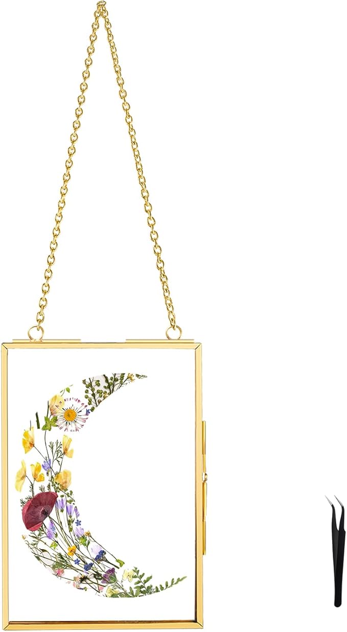 FOCHIER F 4x6in Pressed Flower Frame with Tweezers, Wall Hanging Tabletop Display Double Glass Frame with Metal Chain for Dried Flowers Plants, Horizontal and Vertical Picture Frame, Gold,FRAME ONLY