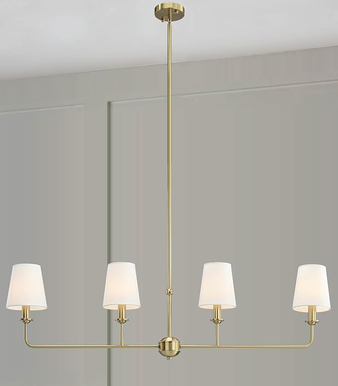 4-Light Brushed Gold Chandelier, Height Adjustable Island Dining Room Light with White Fabric Shades, E12 Base, Farmhouse & Industrial Style for Kitchen Living Room
