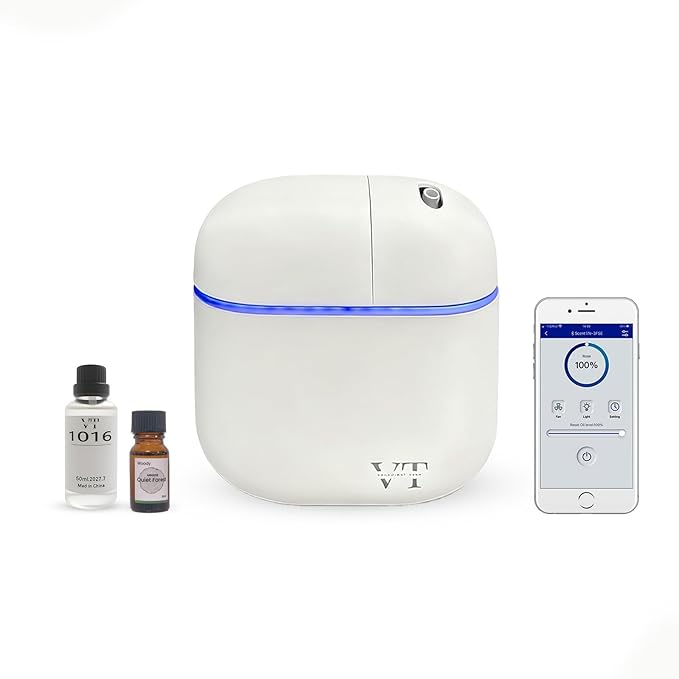 Waterless Oil Diffuser and 2 OZ Essential Oil for 3000 Sq. Ft Room Home Hotel Office, High-end Mini Smart Air Scent Freshener Machine with Bluetooth App, Aroma House Diffuser Powered by Adapter White