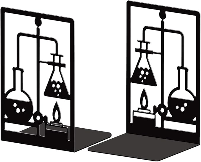 Peacoblue Metal Bookends for Shelves, Modern Decorative Heavy Duty Study Book Support Stoppers for Office, Desk, Shelf, Room 5.3"x4.3"x7.9" Cast Iron Bookends, 1 Pair (Chemistry and Lab Bottles)