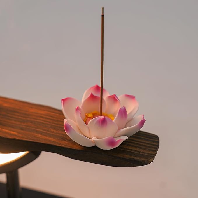 Backflow Incense Burner, Chinese Style Peach Blossom Incense Holder with LED Light, Ceramic Incense Cone Burner Home Decor for Office/Living Room