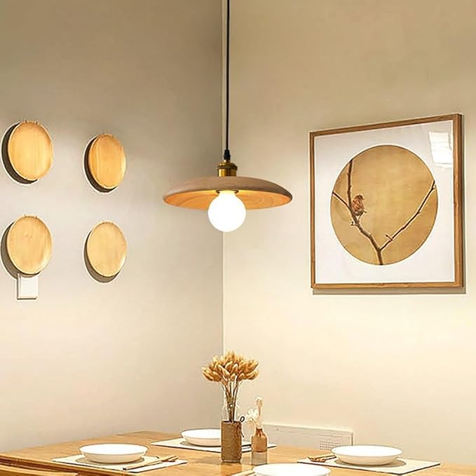 Modern Nordic Minimalist Solid Wood Pendant Light Japanese Style Disc Hanging Lamp Natural Wood Finish Pendant Lamp for Dining Room Kitchen Island Bedroom Lighting