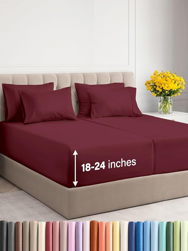Extra Deep Split King Sheet Set - 7 Piece Breathable and Cooling Sheets - Hotel Luxury Bed Sheets Set - Easy Fit - Soft, Wrinkle Free and Comfy Sheets Set - Burgundy Sheet Set with Extra Deep Pockets