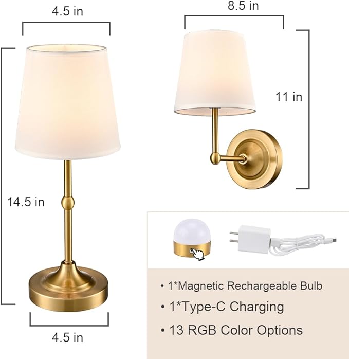 Battery Operated Table Lamp Wall Sconce Set of 2, Gold 2-in-1 Rechargeable Desk Lamp Wall Lights with Magnetic Dimmable LED Bulbs and Remote, Small Wireless Night Lamps for Bedroom Living Room