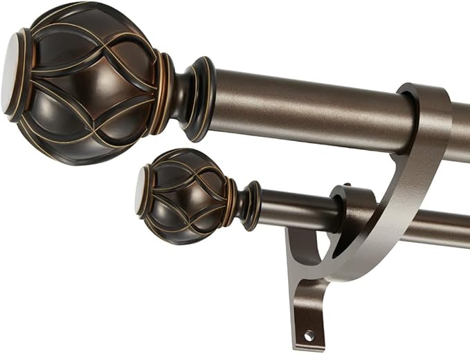 Antique Bronze Double Curtain Rods, 28 to 48 Inch, Decorative Drapery Rods with Classic Finials, Adjustable 1-Inch Front and 5/8 Inch Back
