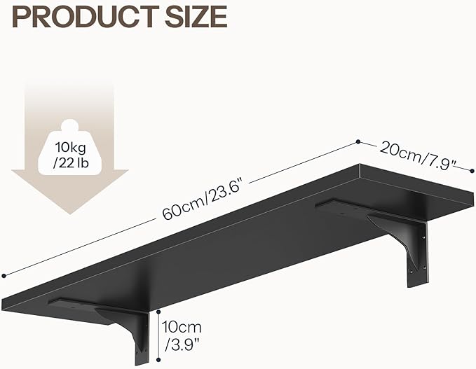 HOOBRO Floating Shelves for Wall, 23.6" Wall Mounted Shelves Set of 2, Hanging Storage Shelf with Metal Brackets, Wooden Shelf for Living Room, Bedroom, Bathroom, Black BK62BJP201G1