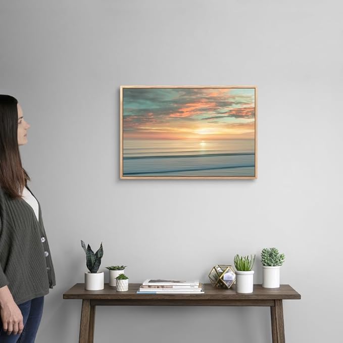 CANVAS ON DEMAND Beach Sunrise Natural Wood Float Framed Canvas Wall Art Print by Alex Hanson, Contemporary, Home Decor, Ocean Artwork,24" x16in