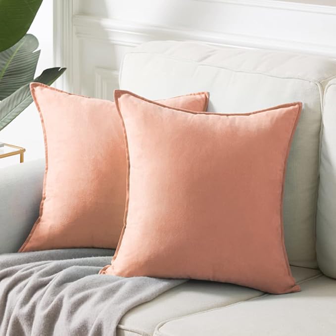 Fancy Homi 2 Packs Premium Faux Suede Decorative Throw Pillow Covers, Super Soft Square Pillow Case,Solid Cushion Cover for Couch/Sofa/Bedroom (16"x 16",Set of 2, Peach)