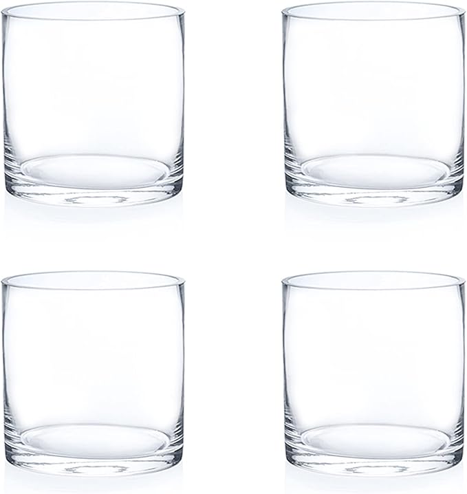 Enova Floral Set of 4 Clear Cylinder Glass Vase, 5W x 5H Inches Round Flowers Vase, Pillar Candle Floating Candle Holders, Floral Glass Vase for Home Office Decor, Wedding Centerpiece