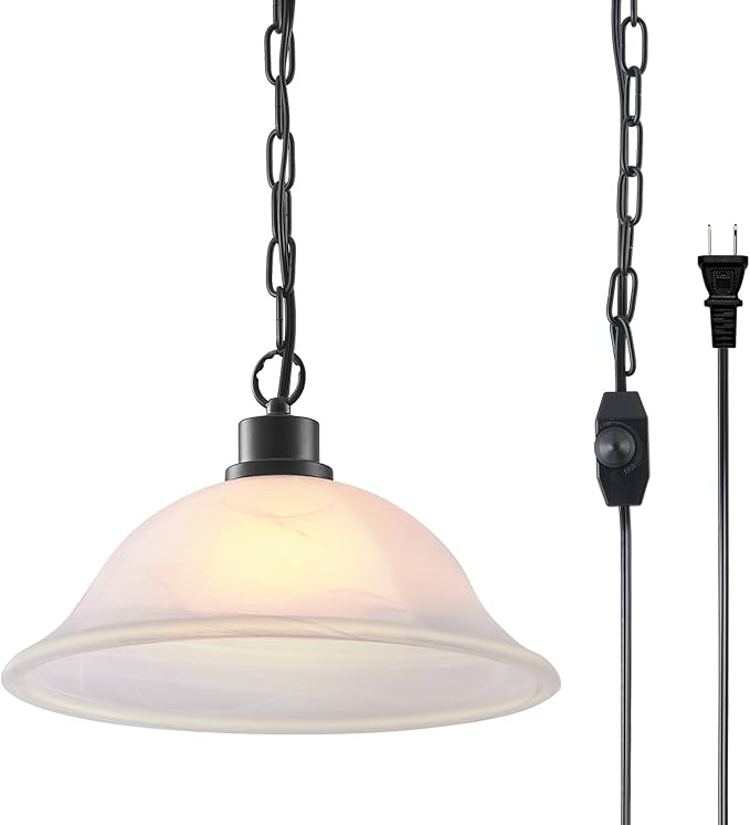 ANYLOVE Vintage Frosted Alabaster Plug in Pendant Light,12" Glass Shade,Black Chain,Adjustable Pendant Light,No Light Source,for Kitchen,Bedroom,Living Room
