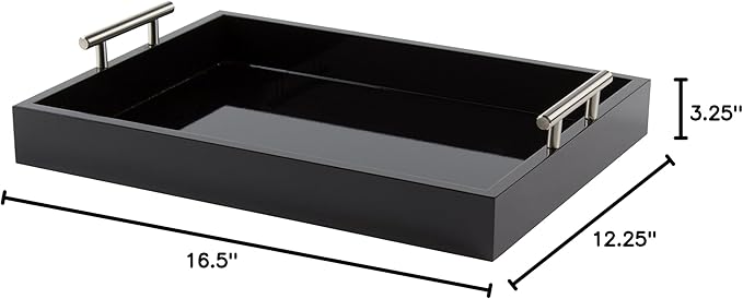 Kate and Laurel Lipton Decorative Tray with Polished Metal Handles, Black and Silver