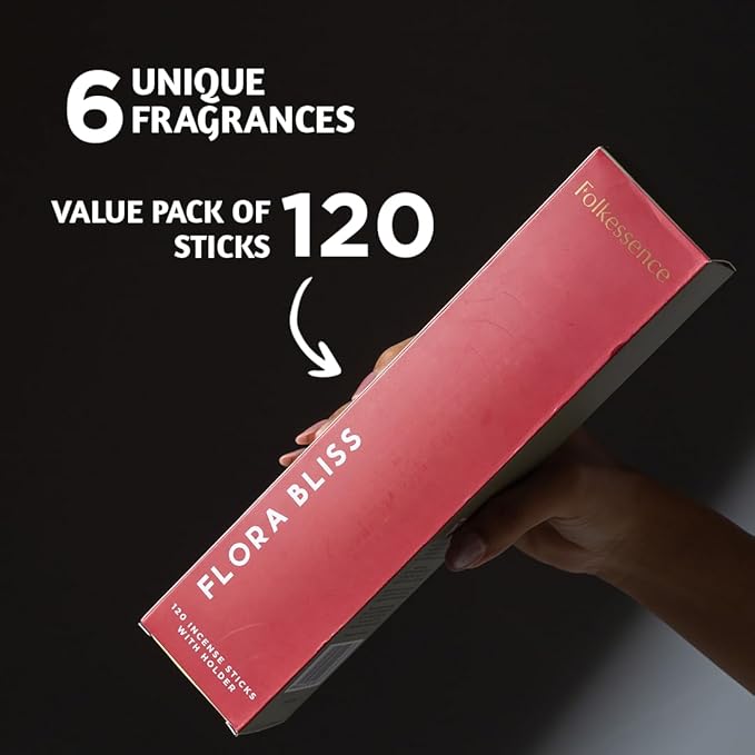 Folkulture Incense Sticks with Holder– Set of 6 (120 Sticks) | Organic, Non-Toxic, 45-Mins Burn Time | Sandalwood, Lavender, Rose, Chamomile & Jasmine Floral Insence- Sticks for Home & Room Fragrance
