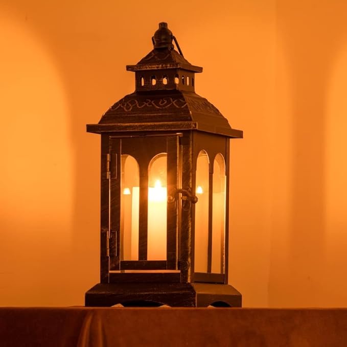 DECORKEY Candle Lantern Decorative Indoor & Outdoor, Christmas Vintage Metal Hanging Lanterns Decor for Front Porch Home Patio Wedding Party, Halloween Decorations (Black with Copper Brush)