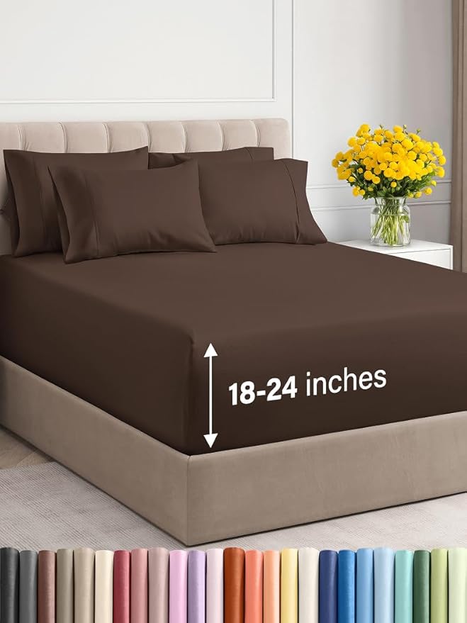 Extra Deep King Sheet Set - 6 Piece Breathable and Cooling Sheets - Hotel Luxury Bed Sheets Set - Easy & Secure Fit - Soft, Wrinkle Free and Comfy Sheets Set - Brown Sheet Set with Extra Deep Pockets