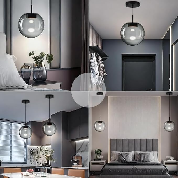 Modern 3CCT Smoke Glass Pendant Light for Kitchen Island with 3.9 FT Adjustable Cord, Modern Minimalist Pendant Lighting Fixtures for Kitchen, Dining Room, Living Room (7.9in, 3-Pack)