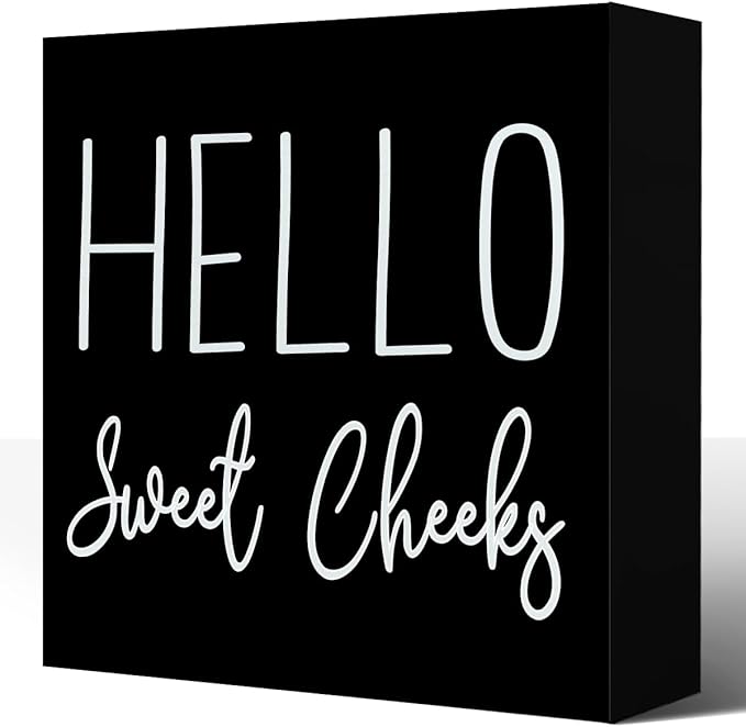 LVQHI Cute Bathroom Shelf Decor, Hello Sweet Cheeks Sign Wooden Box for Shelves Toilet Restroom Tabletop Decoration, Funny Black Bathroom Sign Decor, 5'' L x 5" H ﻿