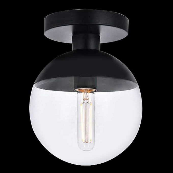Modern Clear Glass Ceiling Light Fixture with 1-Light, A1A9 Industrial Sphere Glass Chandelier Fitting, E26 LED Semi-Flush Mount Pendant Lights for Kitchen, Bedroom, Bar, Counter, Cafe (Black)