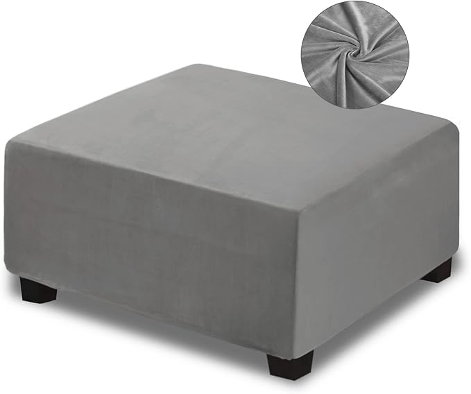 NeColorLife Square Ottoman Cover Velvet Ottoman Slipcover Thick Stretchable Footrest Stool Covers with Elastic Band for Oversized Ottoman (XX-Large Size,Grey)