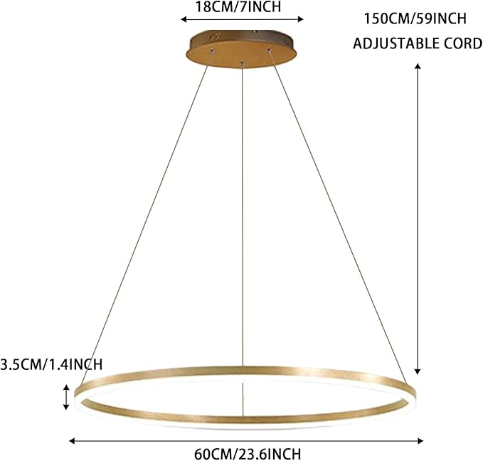 LightInTheBox Modern LED Gold Ring Chandelier, 23.6" Halo Pendant Light Fixture Circle Minimalist Dimmable Hanging Light Metal Acrylic for Living Room Dinning Room Bedroom (Gold)