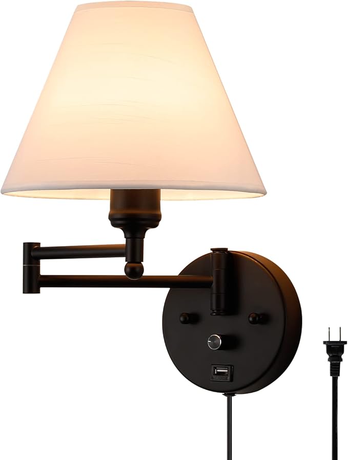Swing Arm Wall Sconces, Plug-in Wall lamp,Bedroom Wall lamp ， White Fabric Shade，，with dimmable Switch and USB Charging Port, Suitable for Bedside, Living Room, Reading (Black)