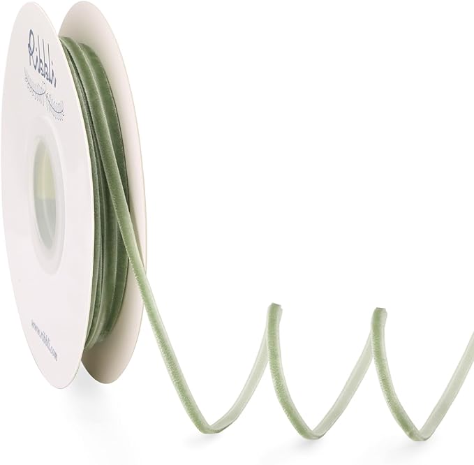 Ribbli Sage Green Velvet Ribbon 1/8 Inches Continuous 25 Yard Spool Sage Green Christmas Ribbon for Gift Wrapping Crafts Home Decor