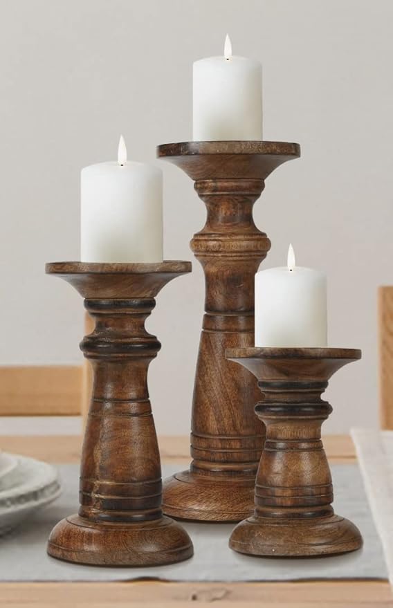 Hand Crafted Wooden Pillar Candle Holders Set of 3, Ideal for LED and Pillar Candles, Gifts for Wedding, Christmas, Party, Home, Spa, Reiki, Aromatherapy, Votive Candle Gardens - 10, 8, 6 Inch - Burnt
