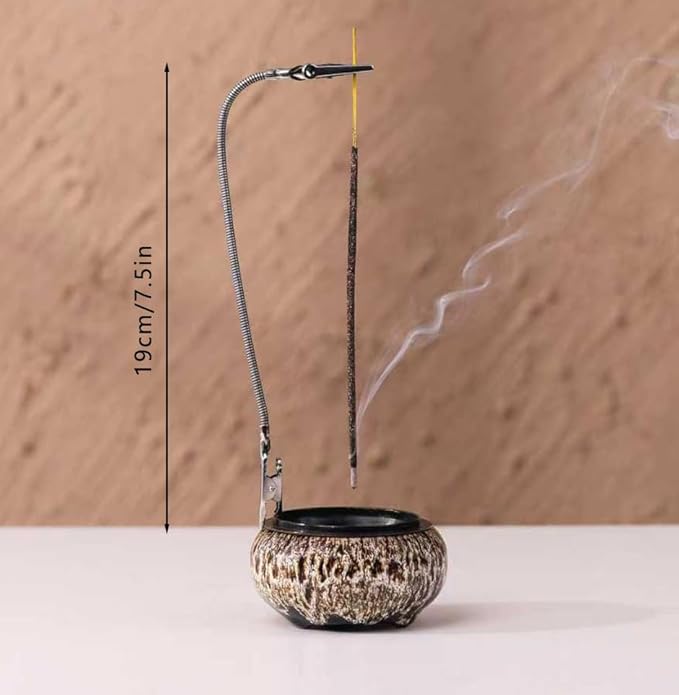 Incense Burner with Calabash Incense Stick Holder - Porcelain Charcoal Censer for Use with Resin Granular Powder Cone or Coil Incense (New Fambe Gray)