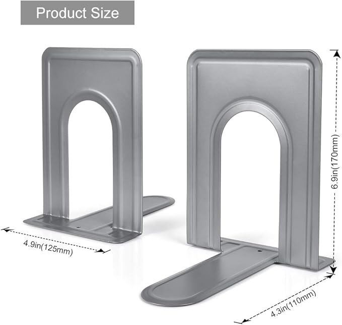 Book Ends, Bookends for Shelves Metal Bookends Book Ends for Office Nonskid Heavy Duty Book Ends for Shelves White 6.69 x 4.9 x 4.3in, 5 Pair/10 Piece (Grey)