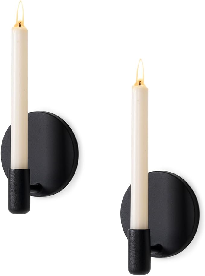 Matte Black Wall Sconce Candle Holders Set of 2 for Taper Candles, Minimalist Metal Wall Mounted Candlestick - 0.82 Inch Cup Diameter
