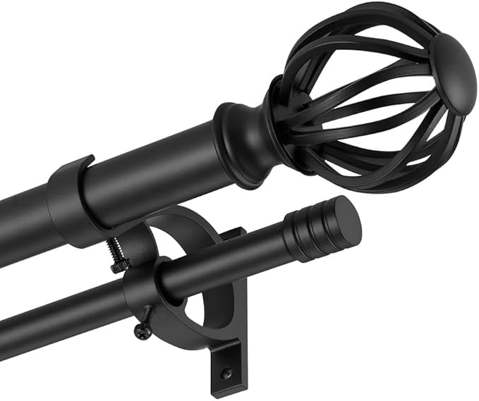 Double Curtain Rods for Window 72-144", Matte Black Double Curtain Rods with Round Cage & Barrel Finials, 1-Inch Front and 5/8 Inch Back Double Drapery Rod