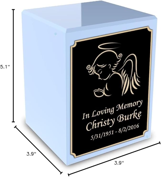 GetUrns Custom Angel Small Urn Box for Human Ashes I Personalized Wooden Keepsake Cremation Urn for Male or Female I Light Blue Memorial Box I 40lbs