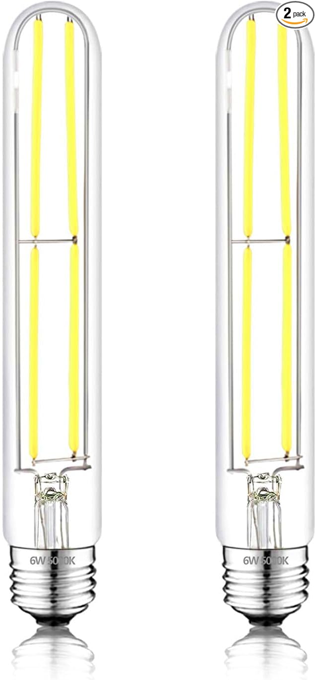 7.3 Inch E26 Led Bulb 6W Dimmable, 5000K Daylight Edison Bulbs 800LM, Equal 80 Watt Tubular T10 T9 Long Clear Glass Light Bulb for Pendant Pipe Wall Sconces Chandeliers - 2Pack