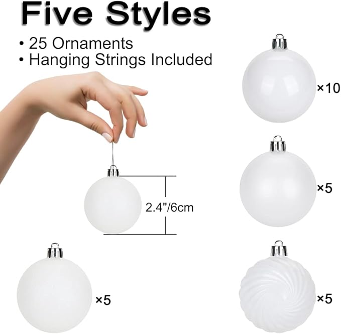 2.36" White Christmas Balls Ornaments 25 Pcs Shatterproof Christmas Ornaments Set Halloween Balls Ornaments White Ornament for Xmas Tree Holiday Party