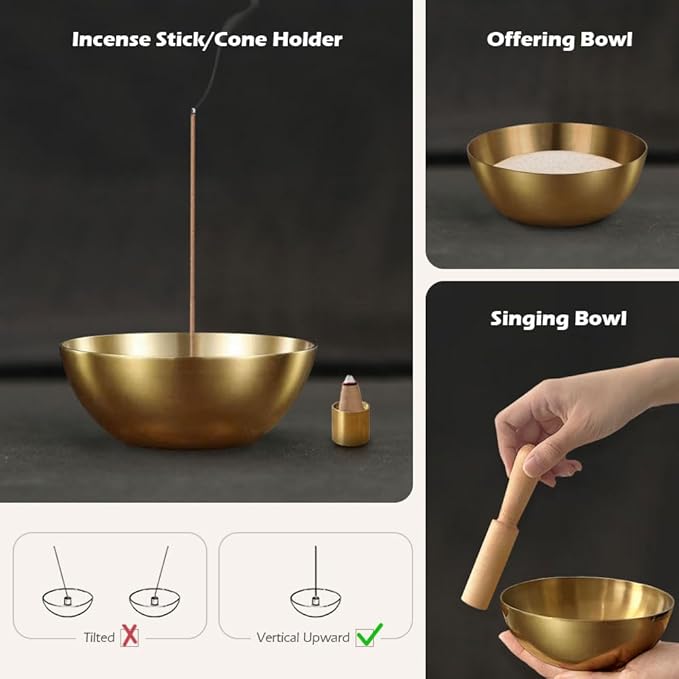 5 Inch Brass Bowl, Incense Holder for Large Sticks/Cones, Small Copper/Gold Decorative Offering Bowl, Sound Bowl, Ash Catcher for Altar, Meditation
