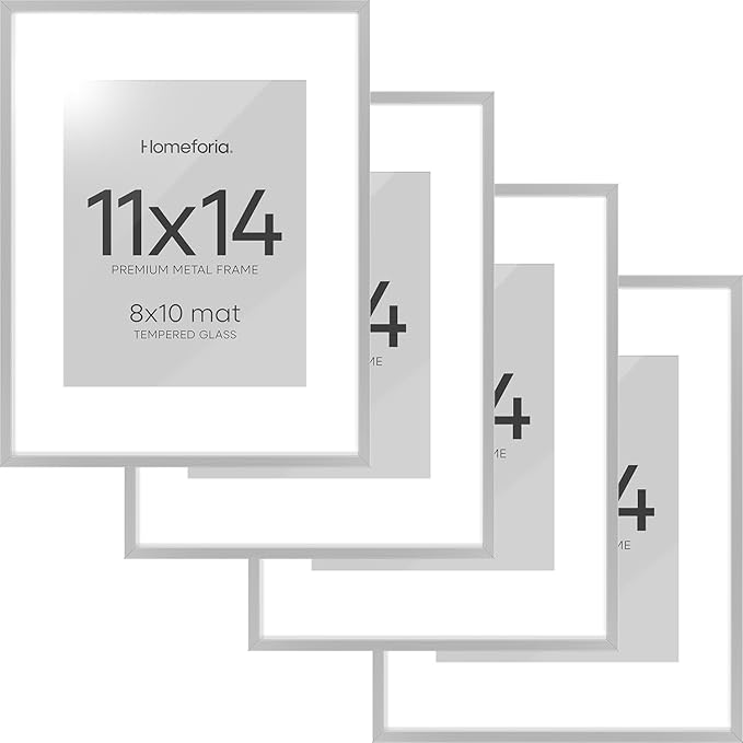 Homeforia 11x14 Picture Frame Silver, High End Metal 11x14 Frames with Mat 8x10, 11 x 14 Silver Poster Frame Matted to 8 x 10 inch Photo, 11by14 Thin Hanging Frames, Tempered Glass, Wall Kit, Set of 4