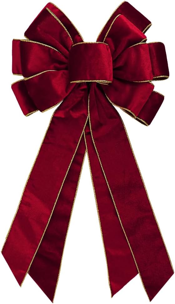 Large Vintage Dark Red Wreath Bow - 20 * 11inch Golden Edged Red Velvet Tree Topper Ornament for Xmas Home Outdoor Indoor Party