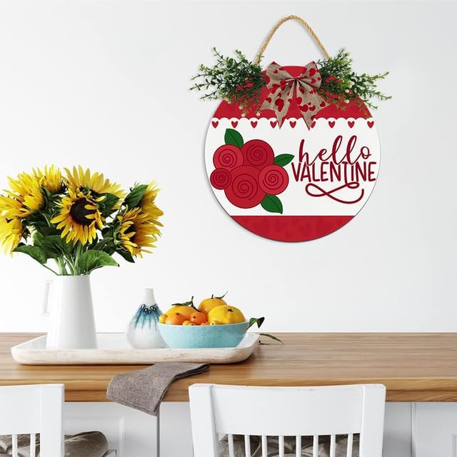 Boylee Hello Valentine Sign for Front Door Decorations, Rustic Round Wood Holiday Sign, Front Door Wreath Burlap Wooden Hanging Signs for Outdoor Farmhouse Porch Home Spring Holiday Decor