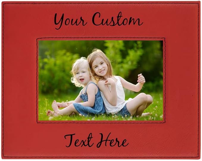 CustomGiftsNow Personalized Add Your Custom Text Engraved Leatherette Faux Leather Hanging/Tabletop Personalized Group Family Photo Picture Frame (Red, 4x6-inch Horizontal)