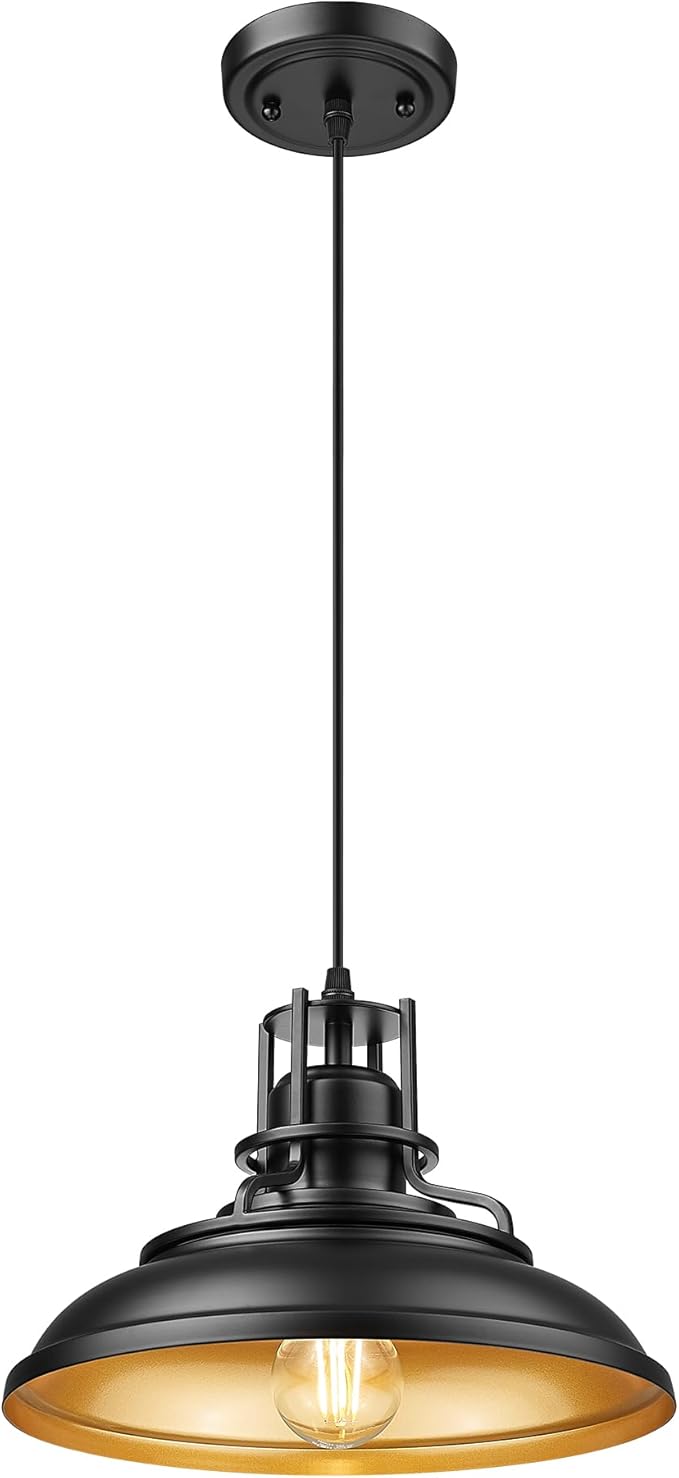 FEMILA Black & Gold Pendant Lights for Kitchen Island, 12" Farmhouse Pendant Light Fixture, Adjustable Hanging Barn Lights Outdoor for Dining Room, Entryway, 4FY15-MP BK-1