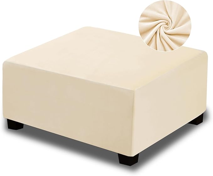 NeColorLife Velvet Ottoman Cover Square, Stretchable Footrest Stool Slipcover with Elastic Band for Rectangle and Square Storage Ottoman (Large, Cream (with Warm Undertones))
