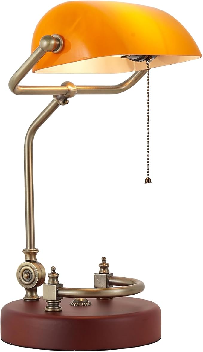 Bankers Lamp, Traditional Orange Desk Lamp with Solid Birch Wood Base, Orange Glass Antique Library Lamp with Pull Chain Switch, Plug in Vintage Bankers Desk Lamp for Office, Study Room 【E26 Socket】